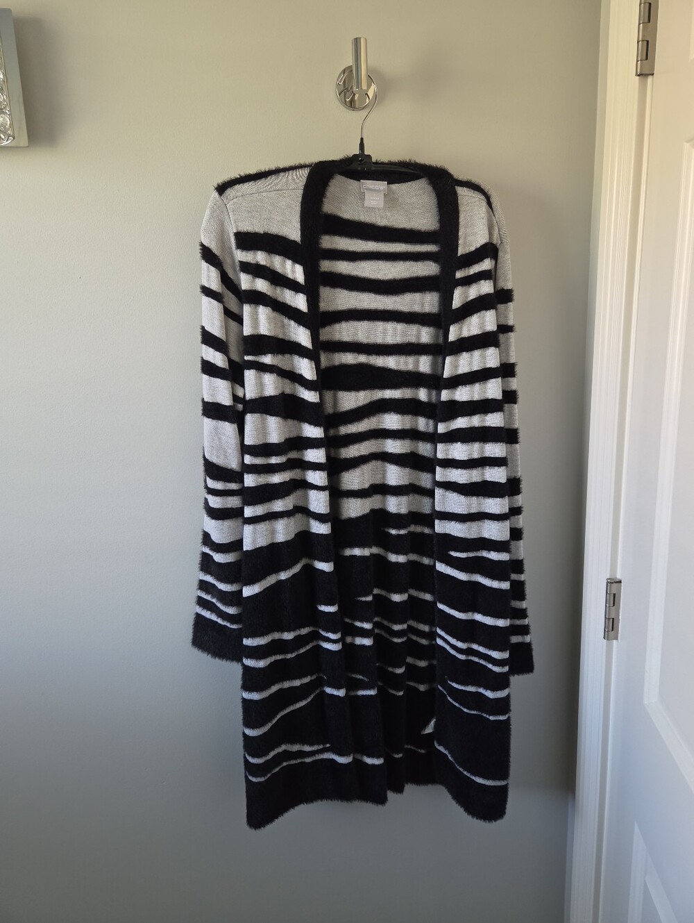 Striped Black and Silver Open-Front Women’s Sweater Cardigan